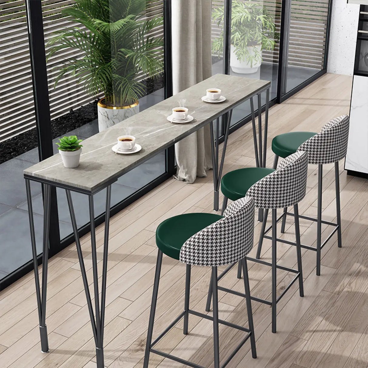 Modern Bar Table Set with 4 Houndstooth Gold Stools Image - 4