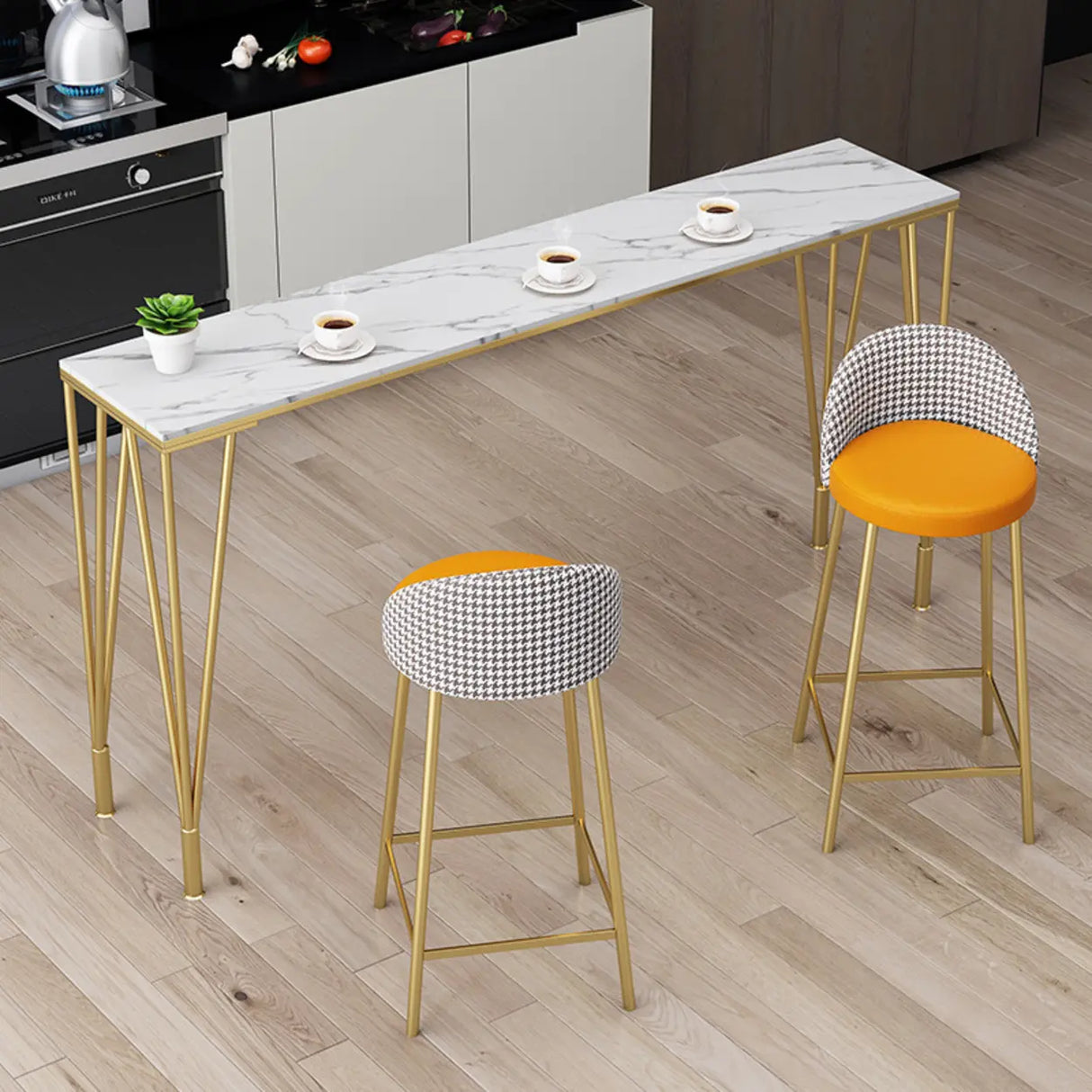 Modern Bar Table Set with 4 Houndstooth Gold Stools Image - 5