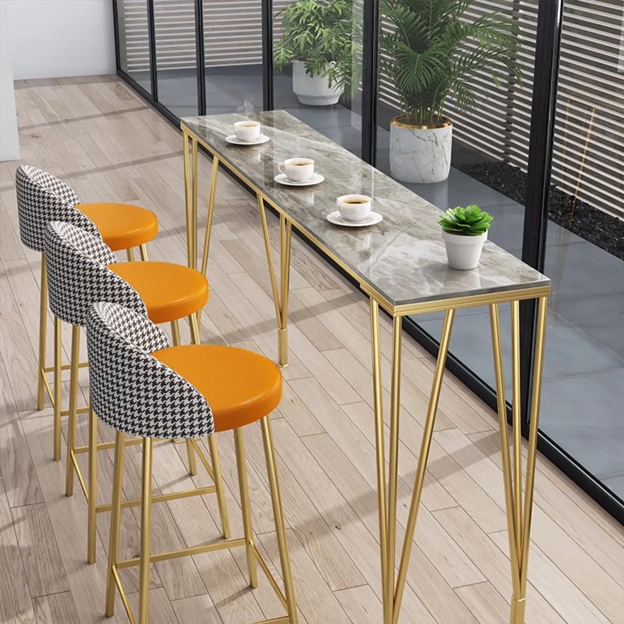 Modern Bar Table Set with 4 Houndstooth Gold Stools Image - 6