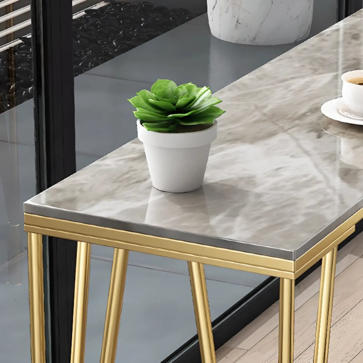 Modern Bar Table Set with 4 Houndstooth Gold Stools Image - 7