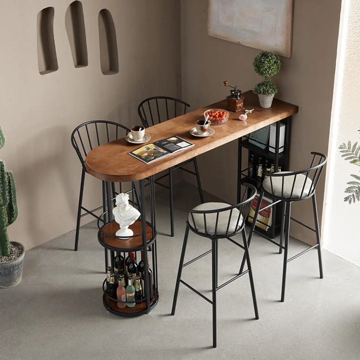 Modern Bar Table Set with Storage and 3 Stools, Brown Wood Image - 3