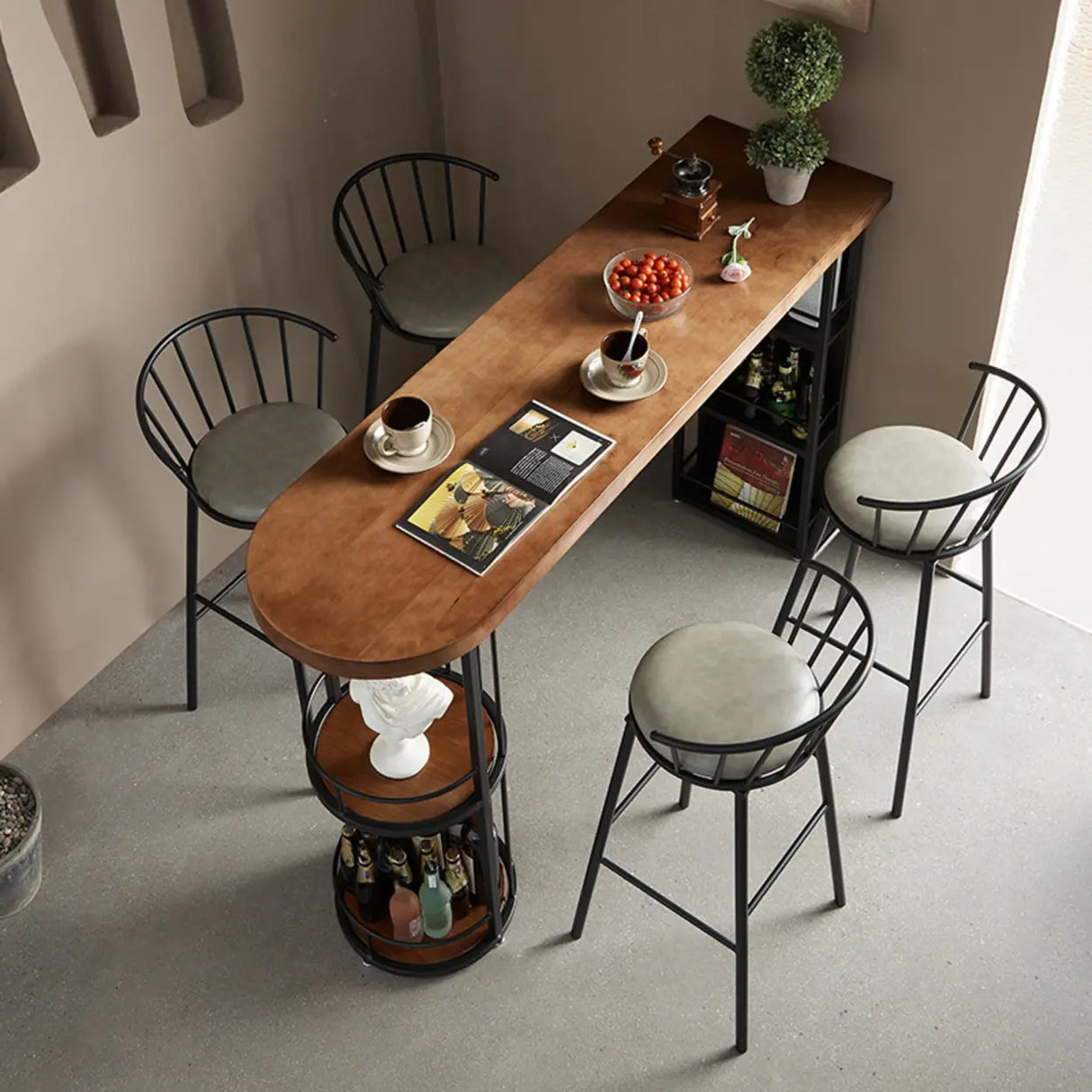 Modern Bar Table Set with Storage and 3 Stools, Brown Wood Image - 4