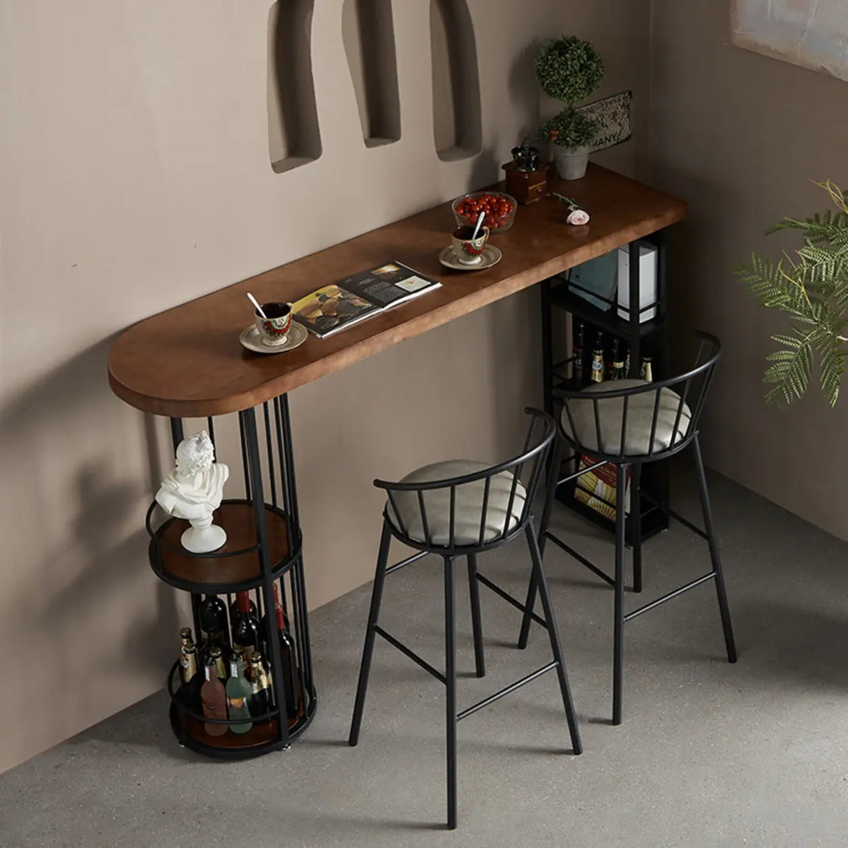 Modern Bar Table Set with Storage and 3 Stools, Brown Wood Image - 5