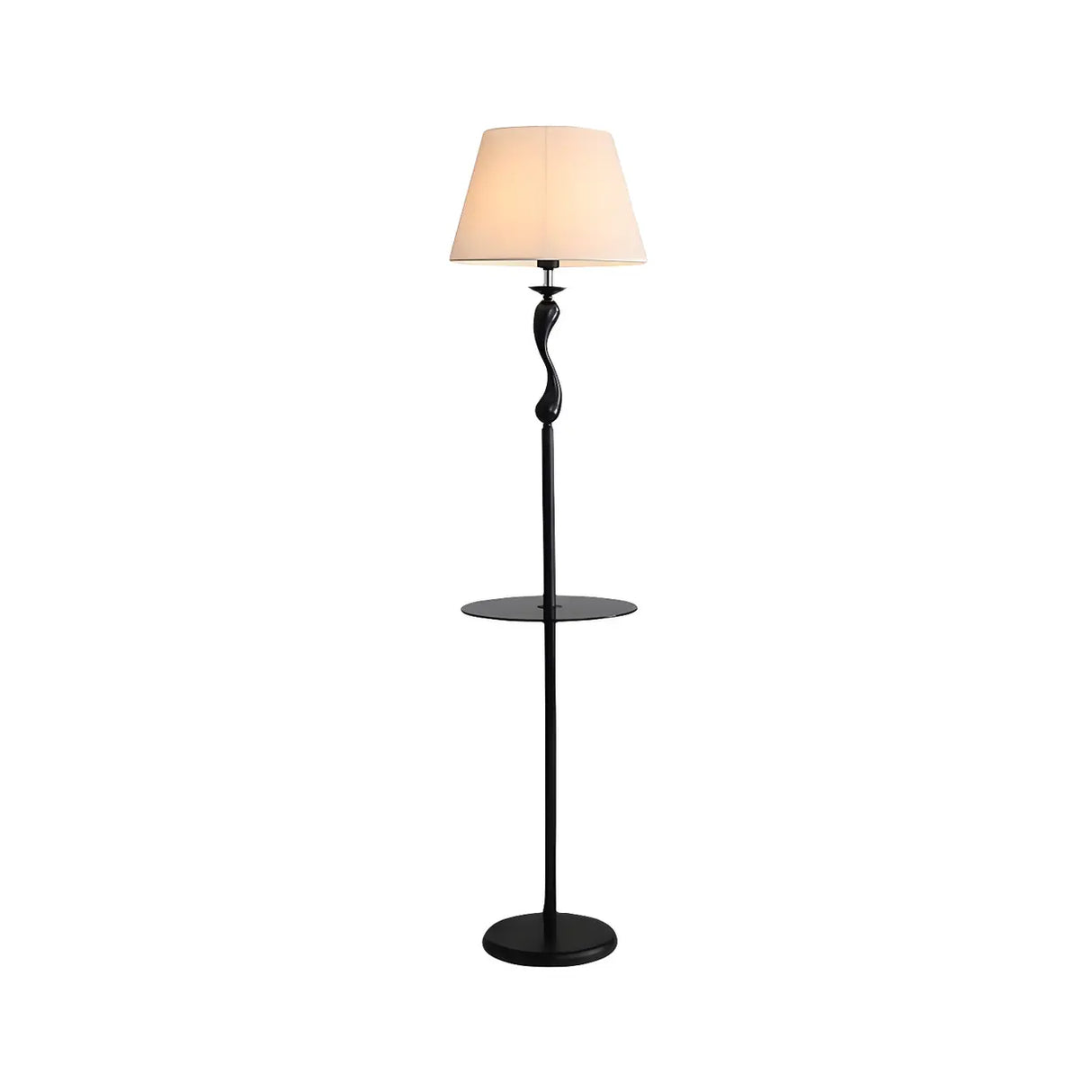 Modern Barrel and Curved Metal Floor Lamp with Shelf Image - 12