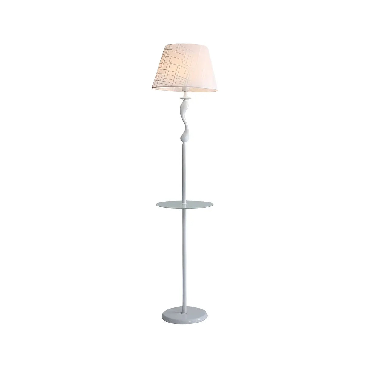 Modern Barrel and Curved Metal Floor Lamp with Shelf Image - 13