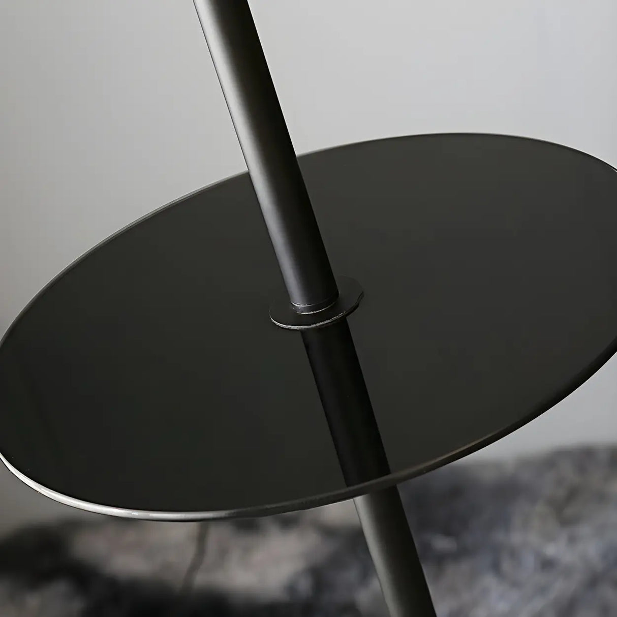 Modern Barrel and Curved Metal Floor Lamp with Shelf Image - 14