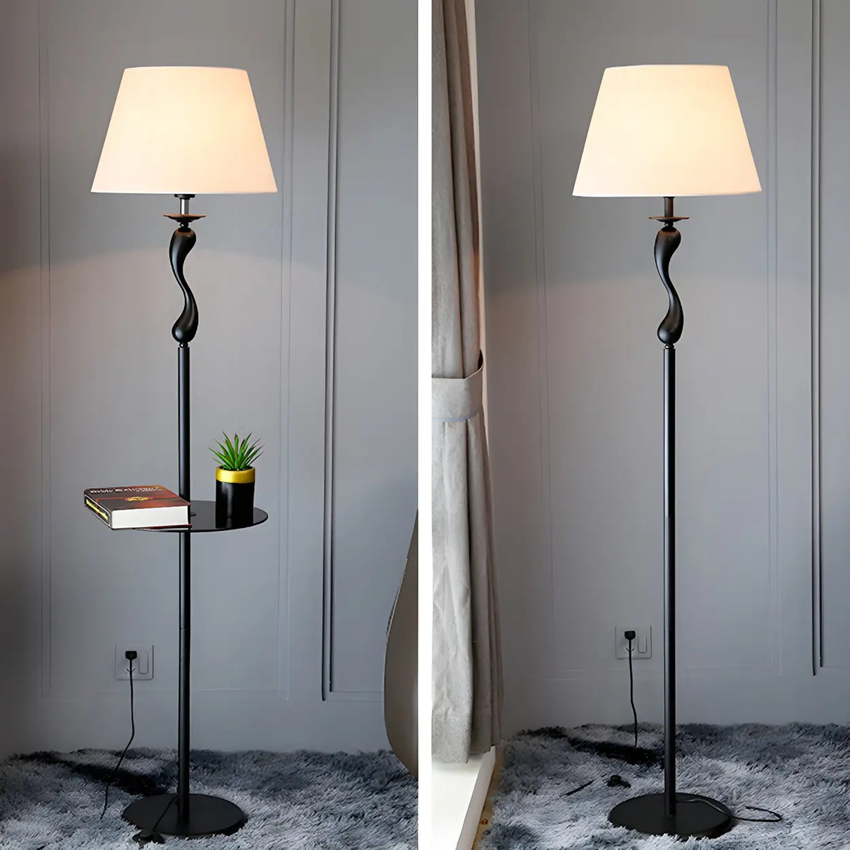Modern Barrel and Curved Metal Floor Lamp with Shelf Image - 18