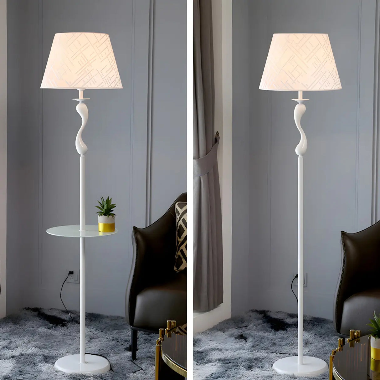 Modern Barrel and Curved Metal Floor Lamp with Shelf Image - 19