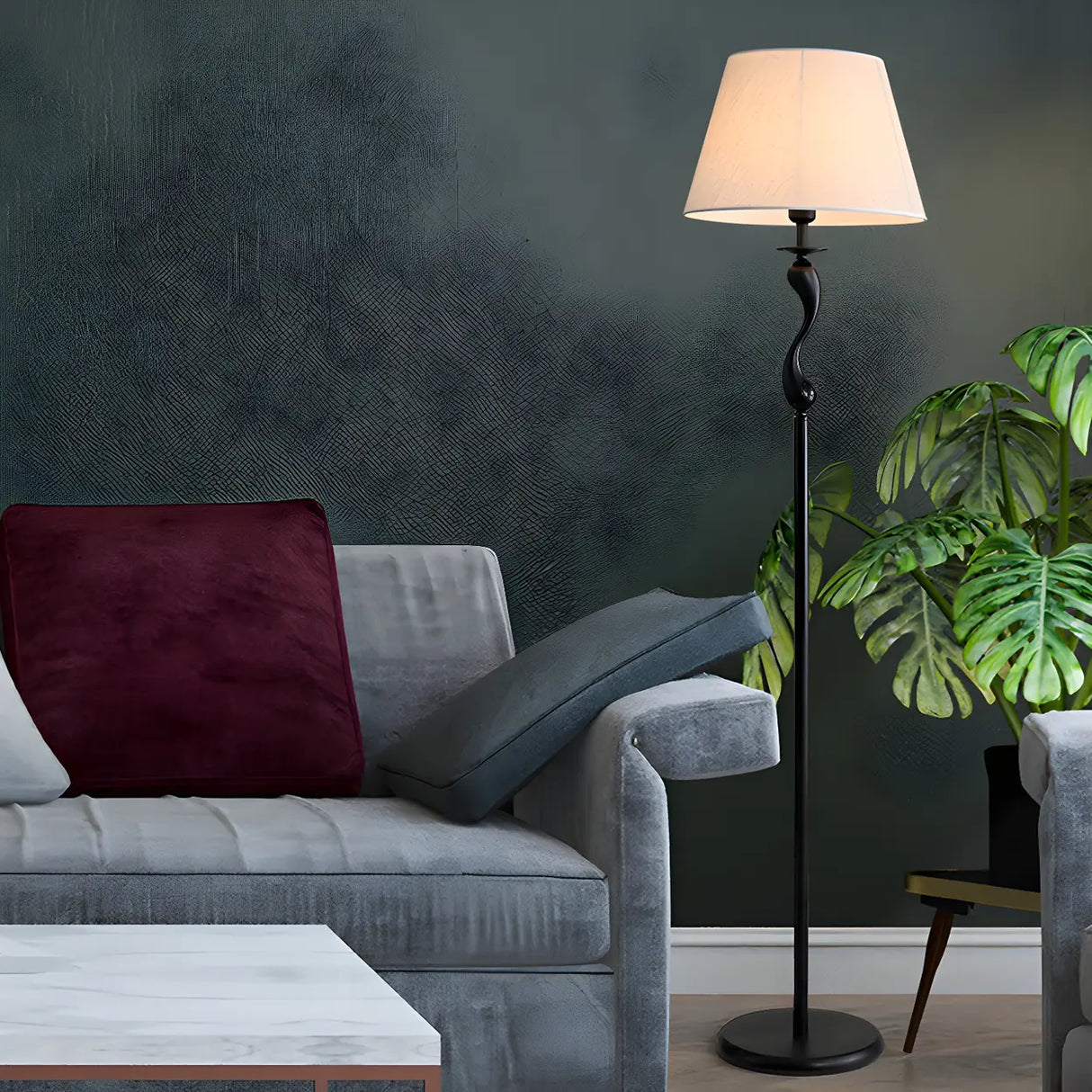 Modern Barrel and Curved Metal Floor Lamp with Shelf Image - 4