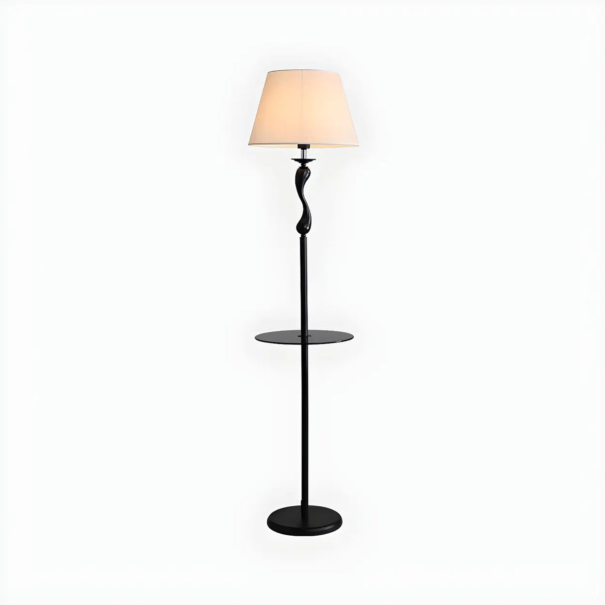 Modern Barrel and Curved Metal Floor Lamp with Shelf Image - 5