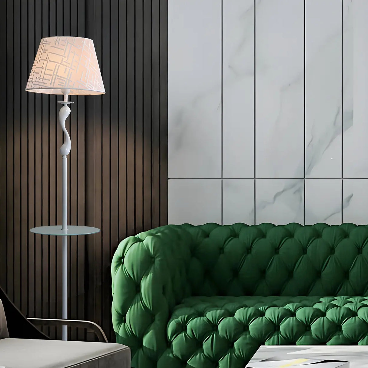 Modern Barrel and Curved Metal Floor Lamp with Shelf Image - 6