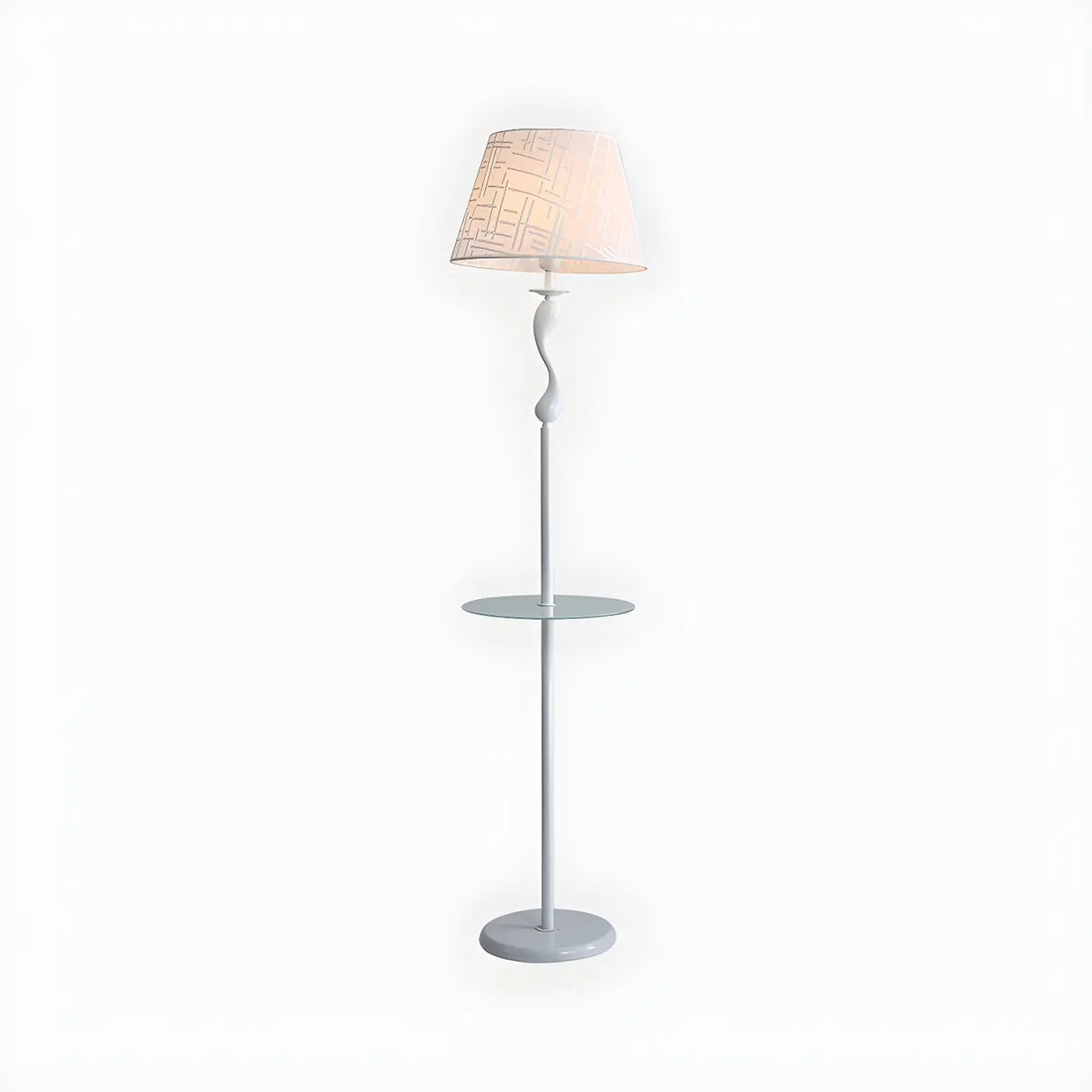 Modern Barrel and Curved Metal Floor Lamp with Shelf Image - 7