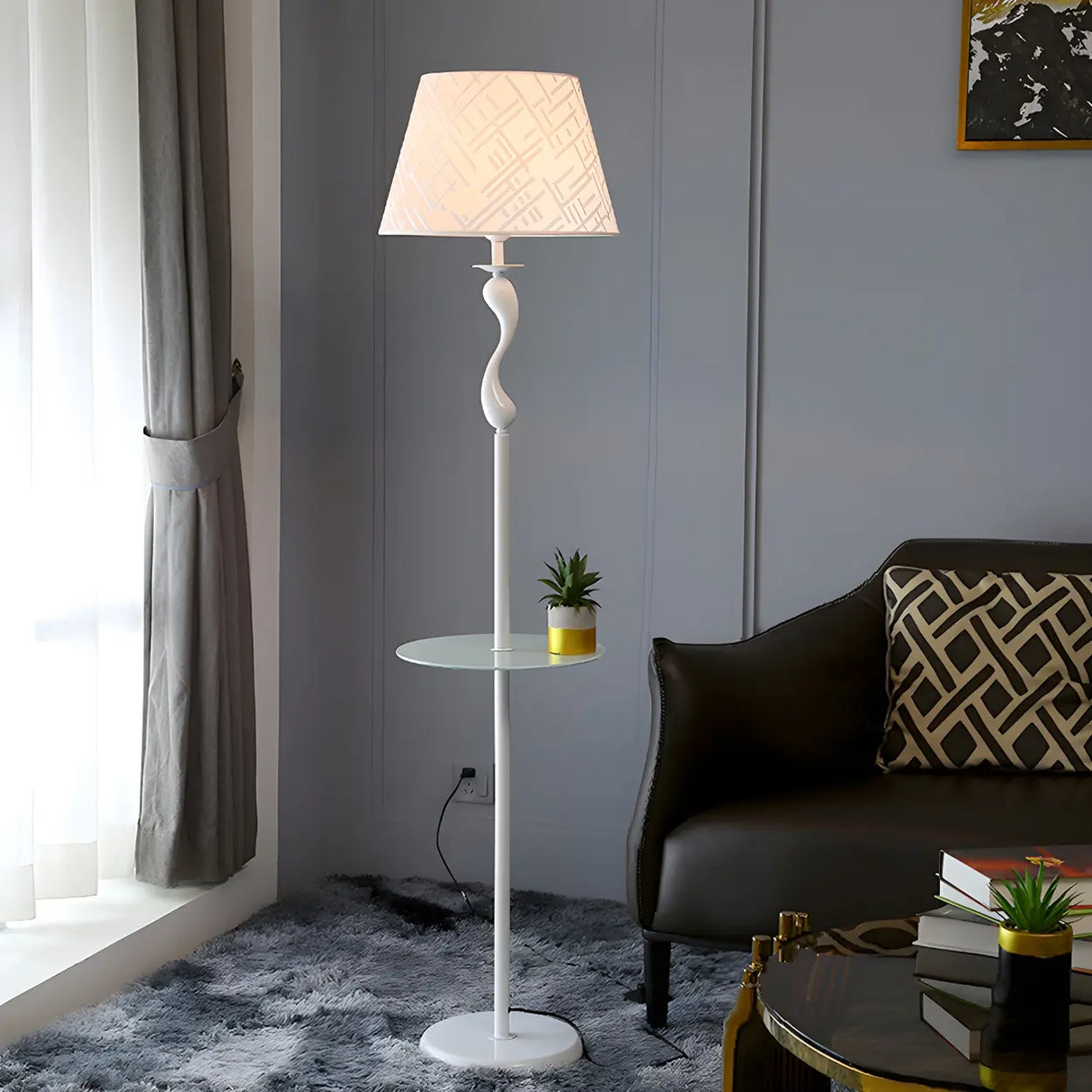 Modern Barrel and Curved Metal Floor Lamp with Shelf Image - 8