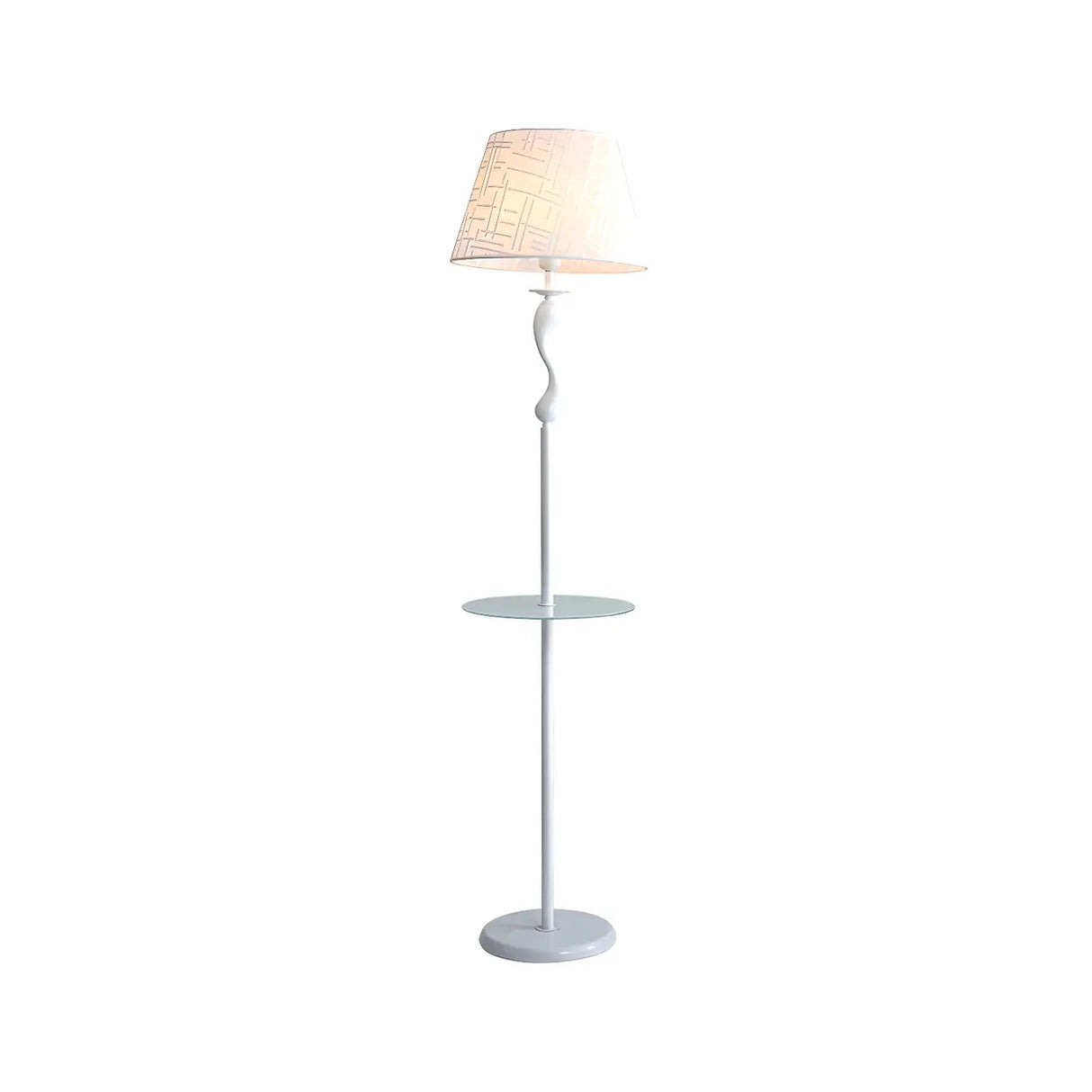 Modern Barrel and Curved Metal Floor Lamp with Shelf Image - 9
