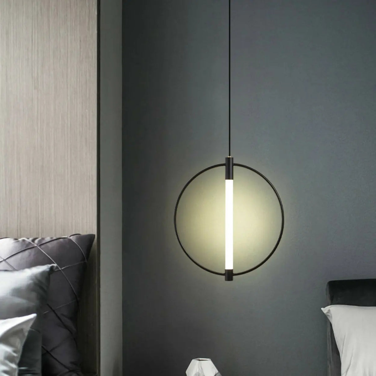 Modern Bedroom Gold Ring White Acrylic Pendant Light Image - 11