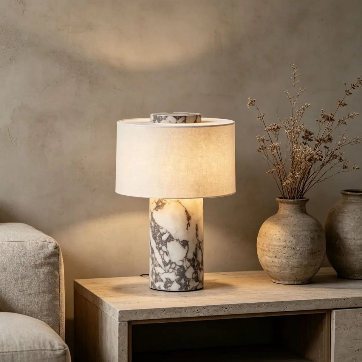 Modern Bedroom Marble Cylinder LED Table Lamp Image - 6