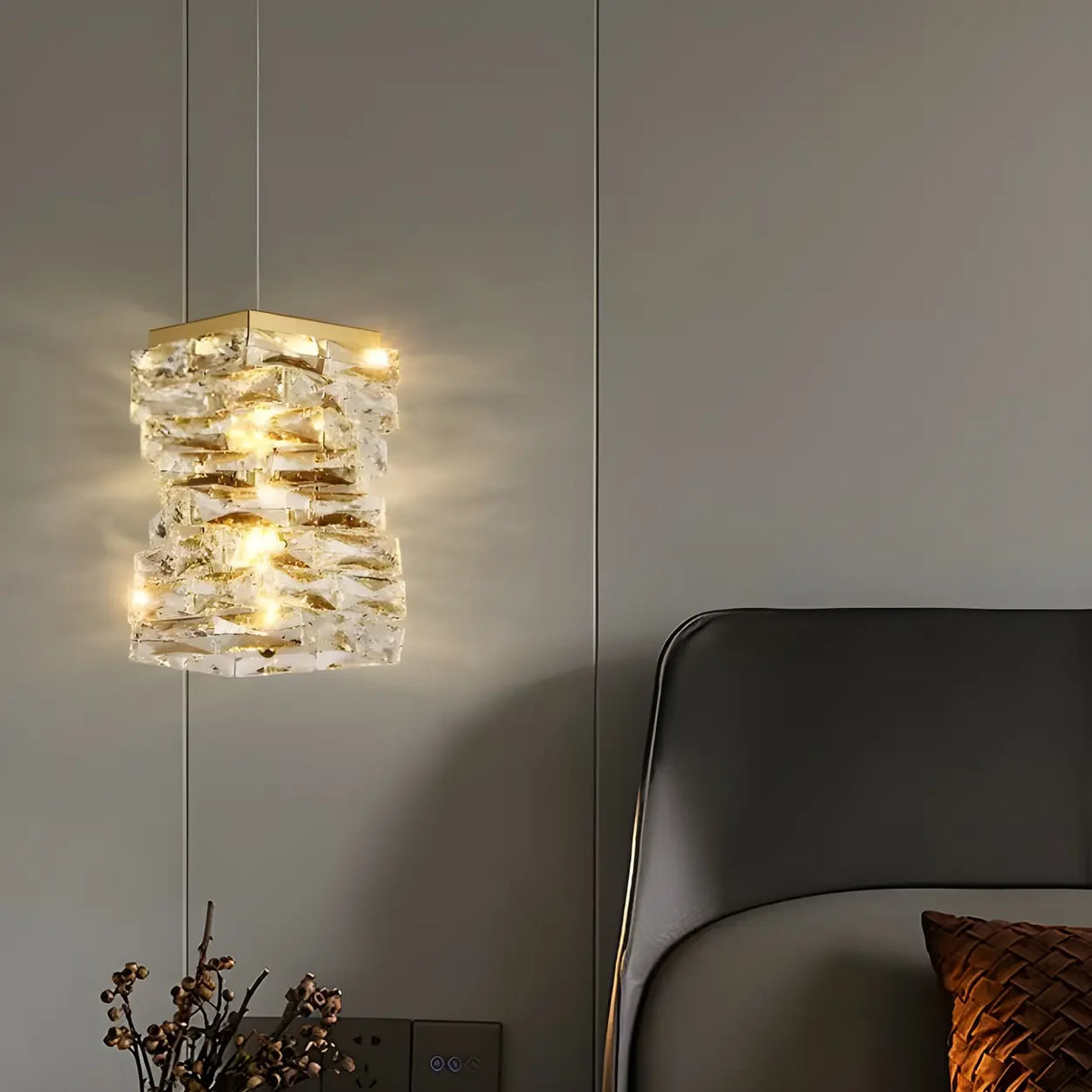 Modern Bedroom Stacked Square Clear Crystal Pendant Light Image - 4