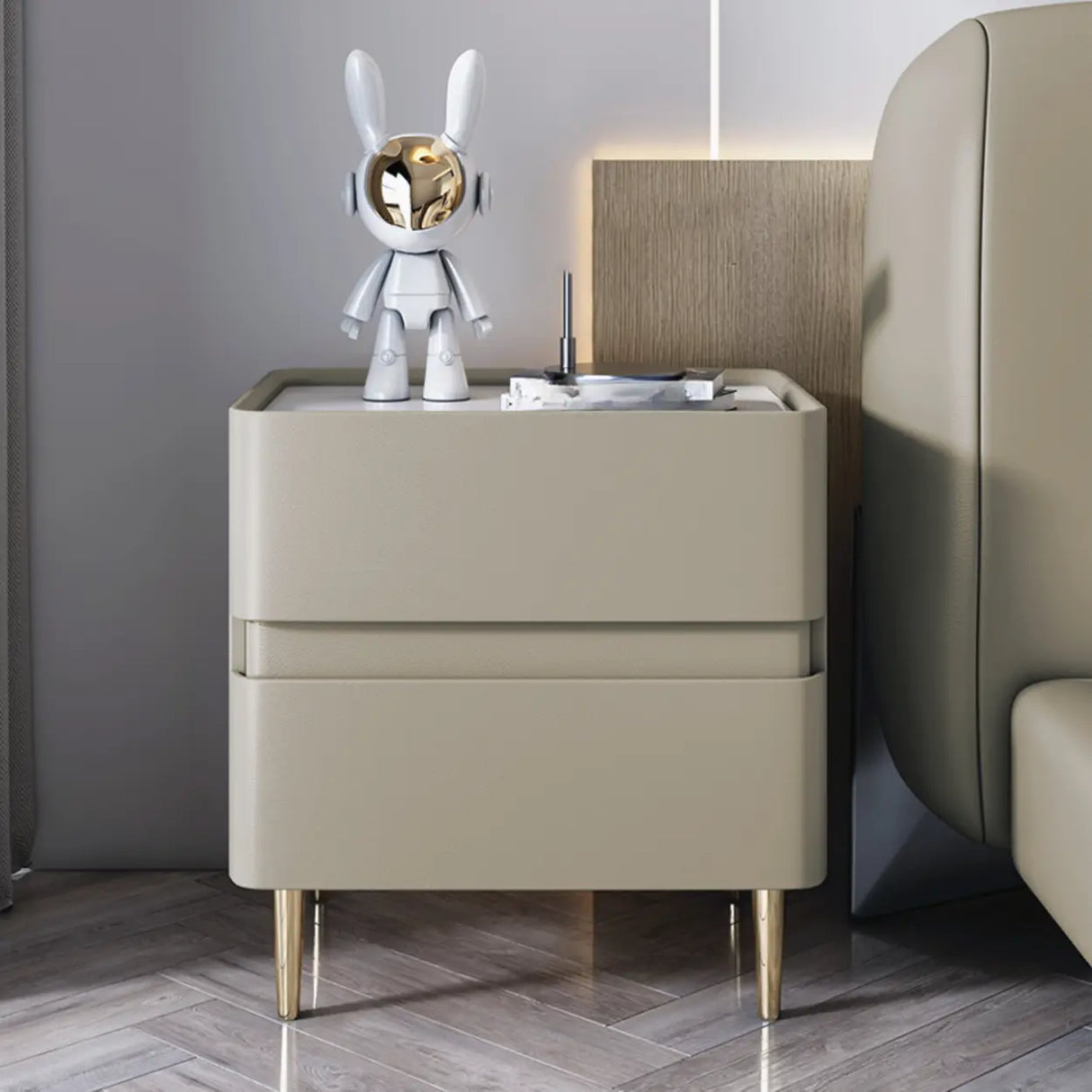 Modern Beige Gold Leg Nightstand with Drawer Storage Image - 1