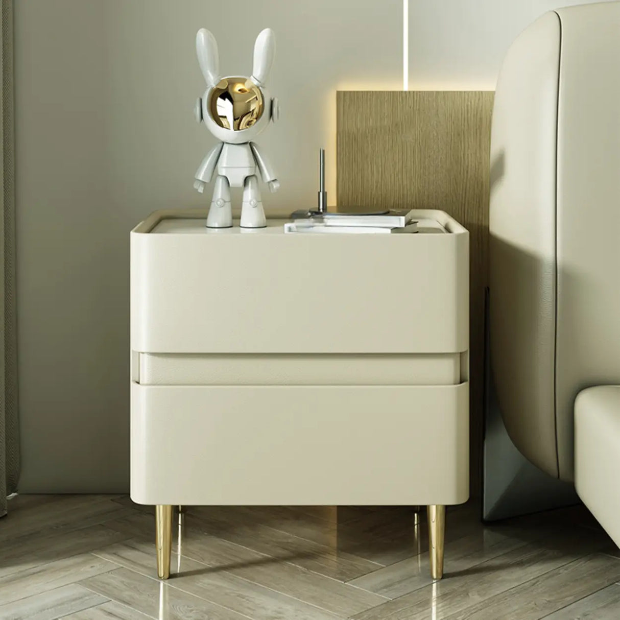 Modern Beige Gold Leg Nightstand with Drawer Storage Image - 2