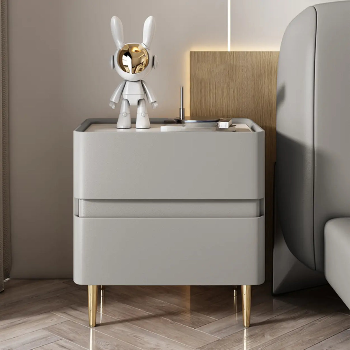 Modern Beige Gold Leg Nightstand with Drawer Storage Image - 3