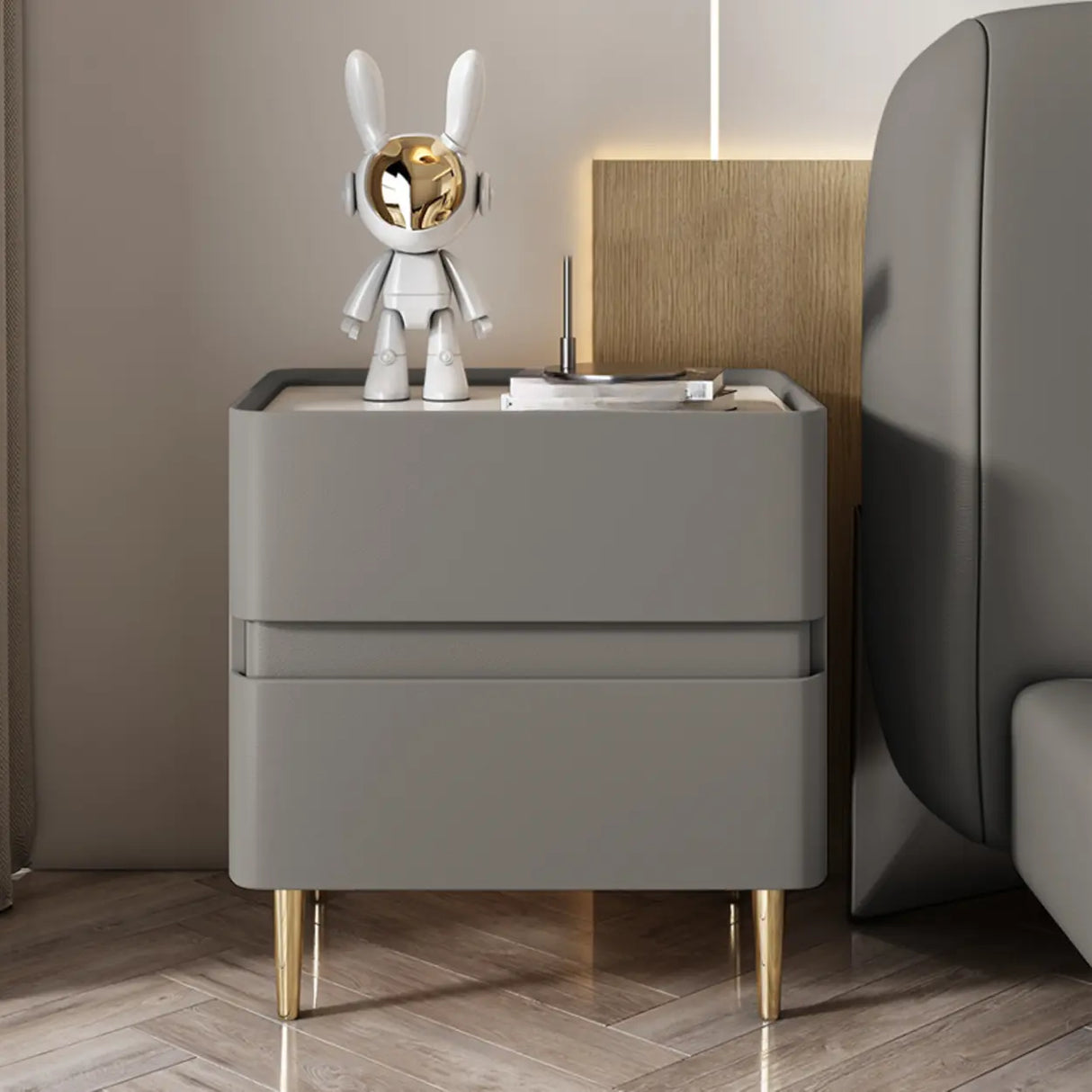 Modern Beige Gold Leg Nightstand with Drawer Storage Image - 5