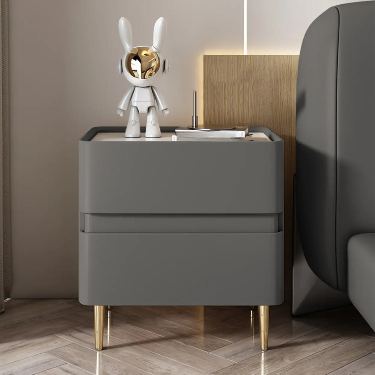 Modern Beige Gold Leg Nightstand with Drawer Storage Image - 7