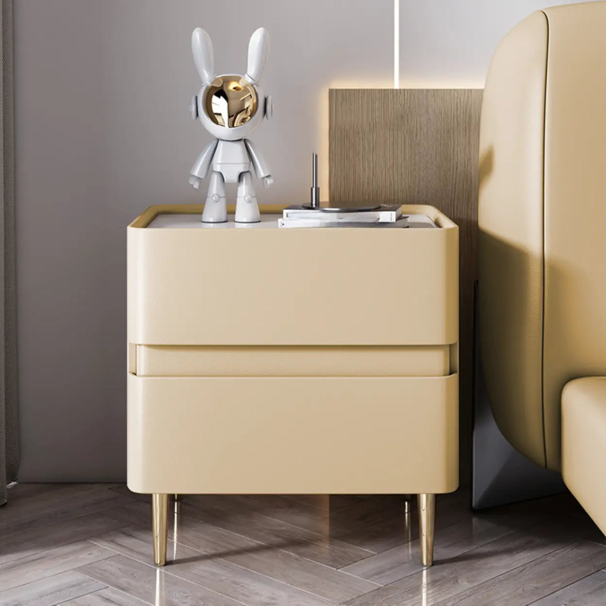 Modern Beige Gold Leg Nightstand with Drawer Storage Image - 9