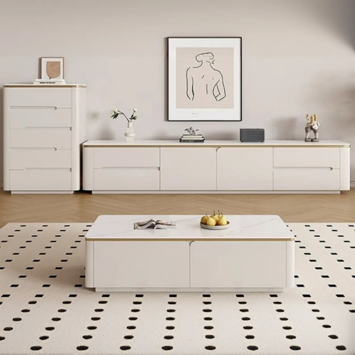 Modern Beige Storage TV Stand with Sleek Marble Tops Image - 1