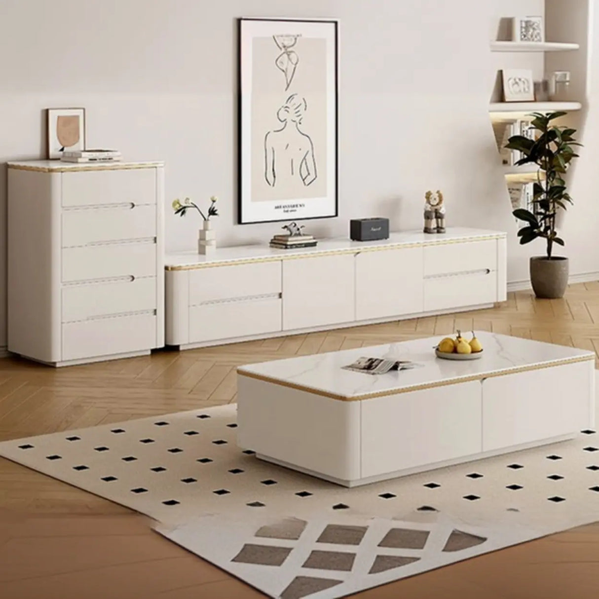 Modern Beige Storage TV Stand with Sleek Marble Tops Image - 4