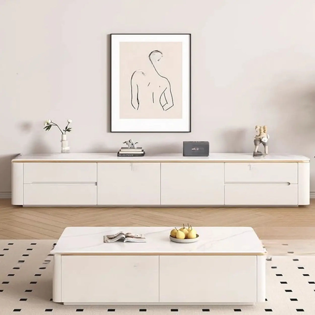 Modern Beige Storage TV Stand with Sleek Marble Tops Image - 5