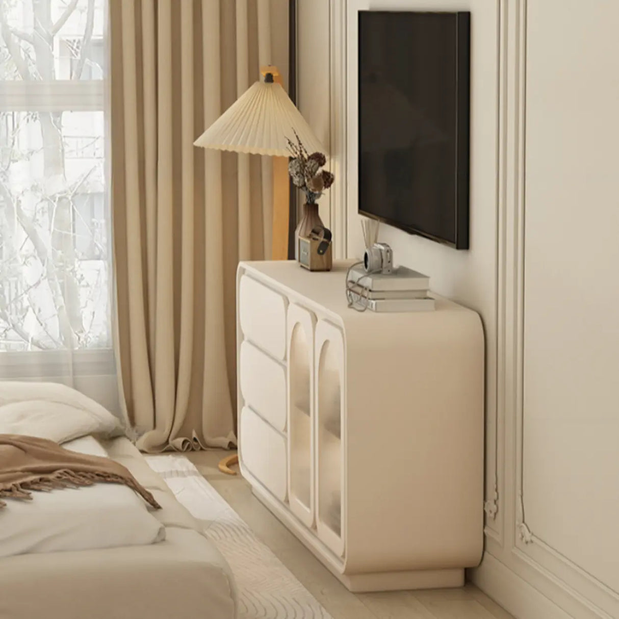 Modern Beige TV Stand with LED Lighting and Storage Image - 4