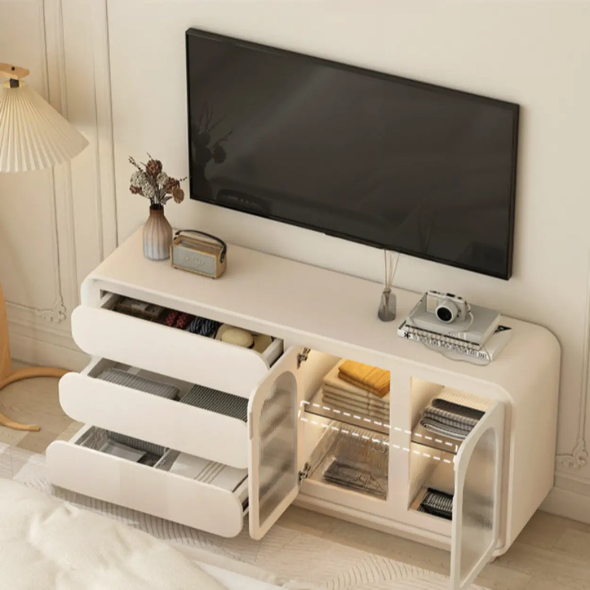 Modern Beige TV Stand with LED Lighting and Storage Image - 6