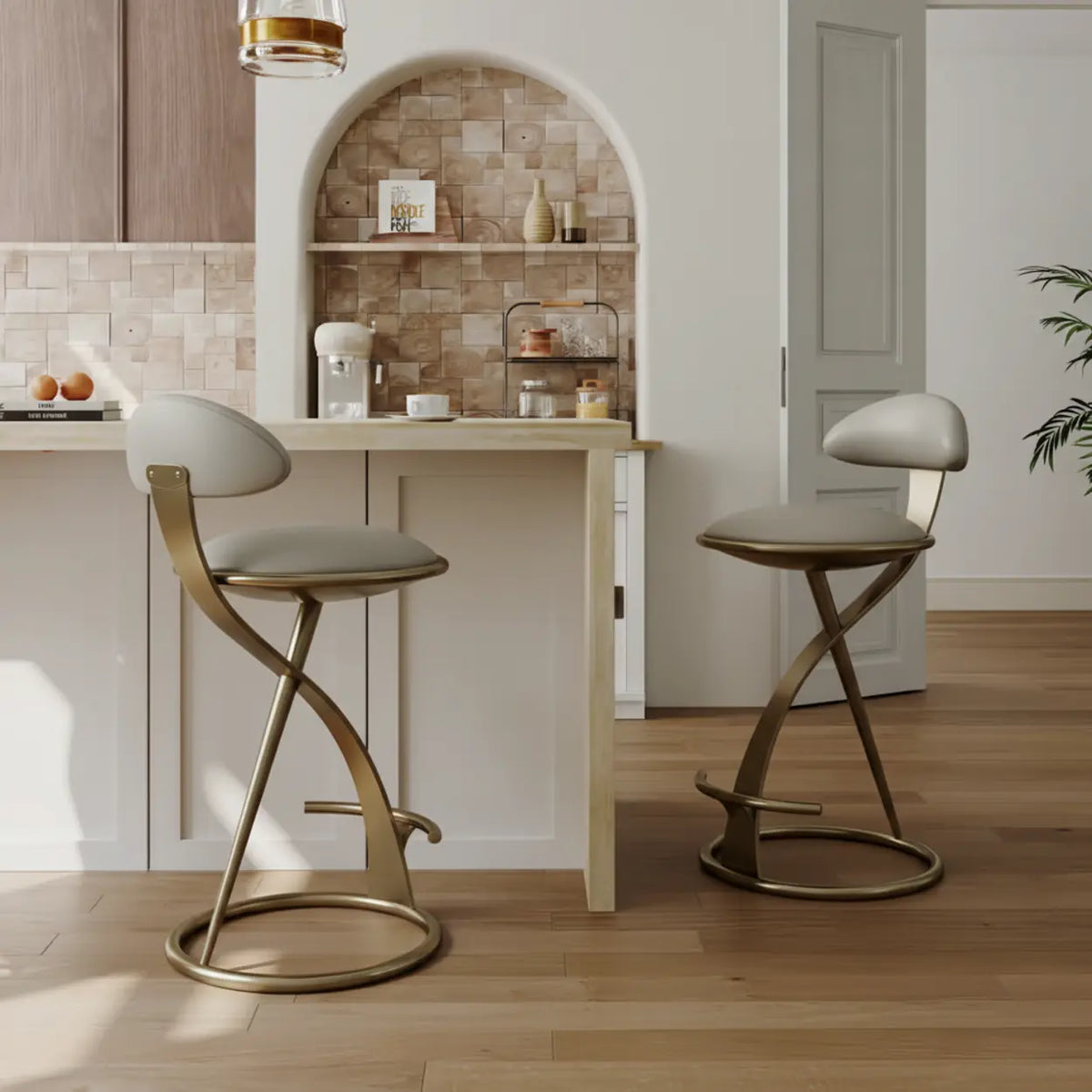 Modern Beige Upholstered Sculpted Metal Curved Back Bar Stool Image - 3