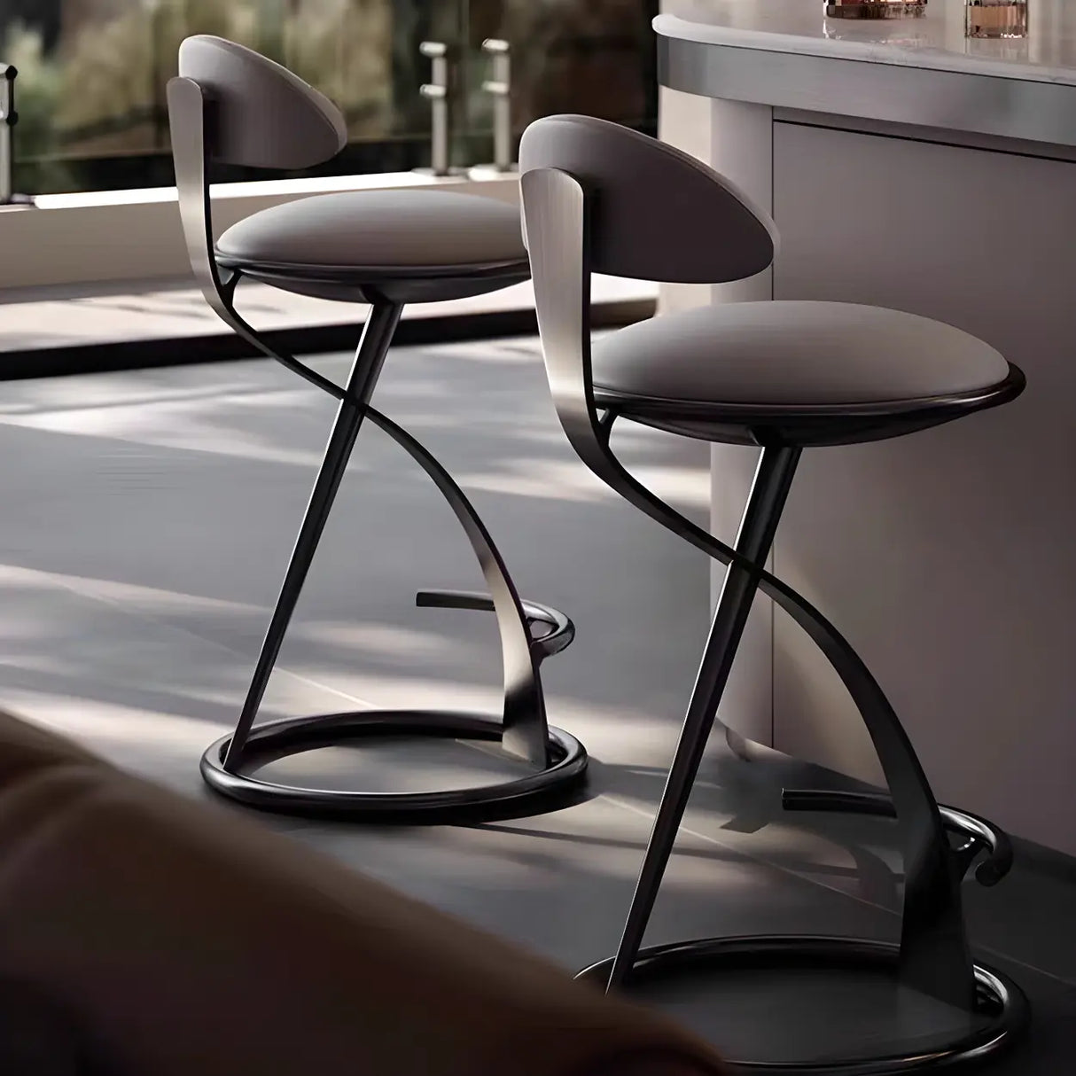 Modern Beige Upholstered Sculpted Metal Curved Back Bar Stool Image - 3