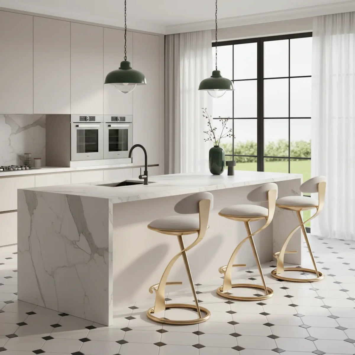 Modern Beige Upholstered Sculpted Metal Curved Back Bar Stool Image - 4