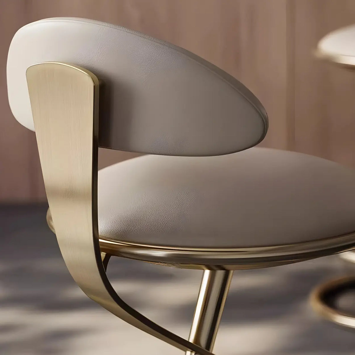 Modern Beige Upholstered Sculpted Metal Curved Back Bar Stool Image - 8