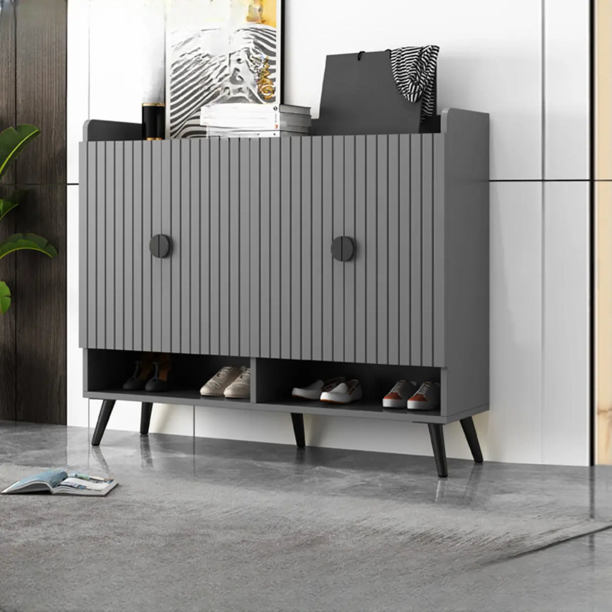 Modern Bench Shoe Storage Wood Entry Gray Cabinet Image - 10