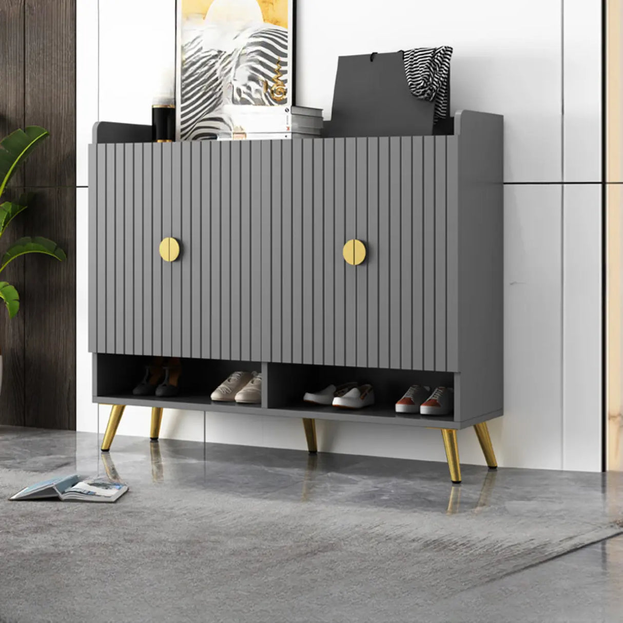 Modern Bench Shoe Storage Wood Entry Gray Cabinet Image - 11