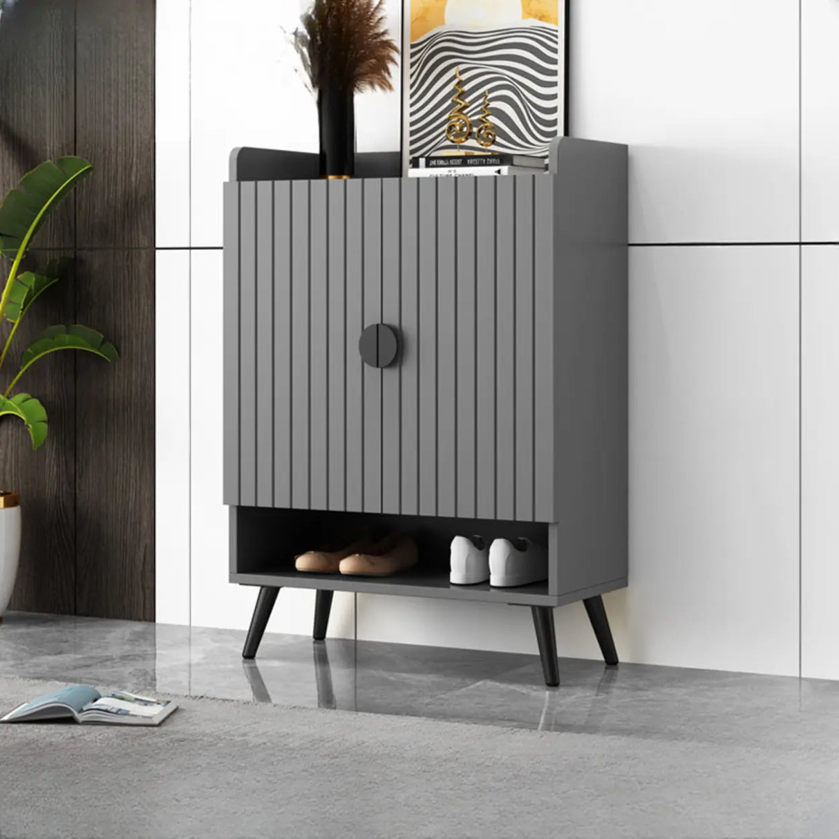 Modern Bench Shoe Storage Wood Entry Gray Cabinet Image - 13