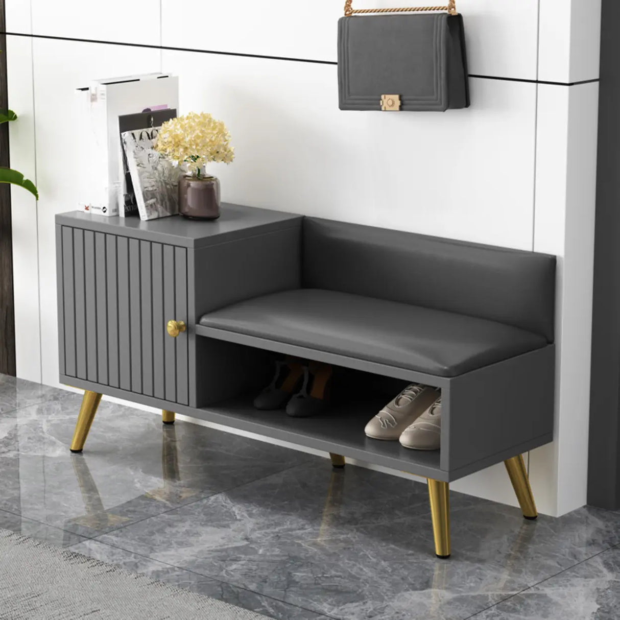 Modern Bench Shoe Storage Wood Entry Gray Cabinet Image - 1
