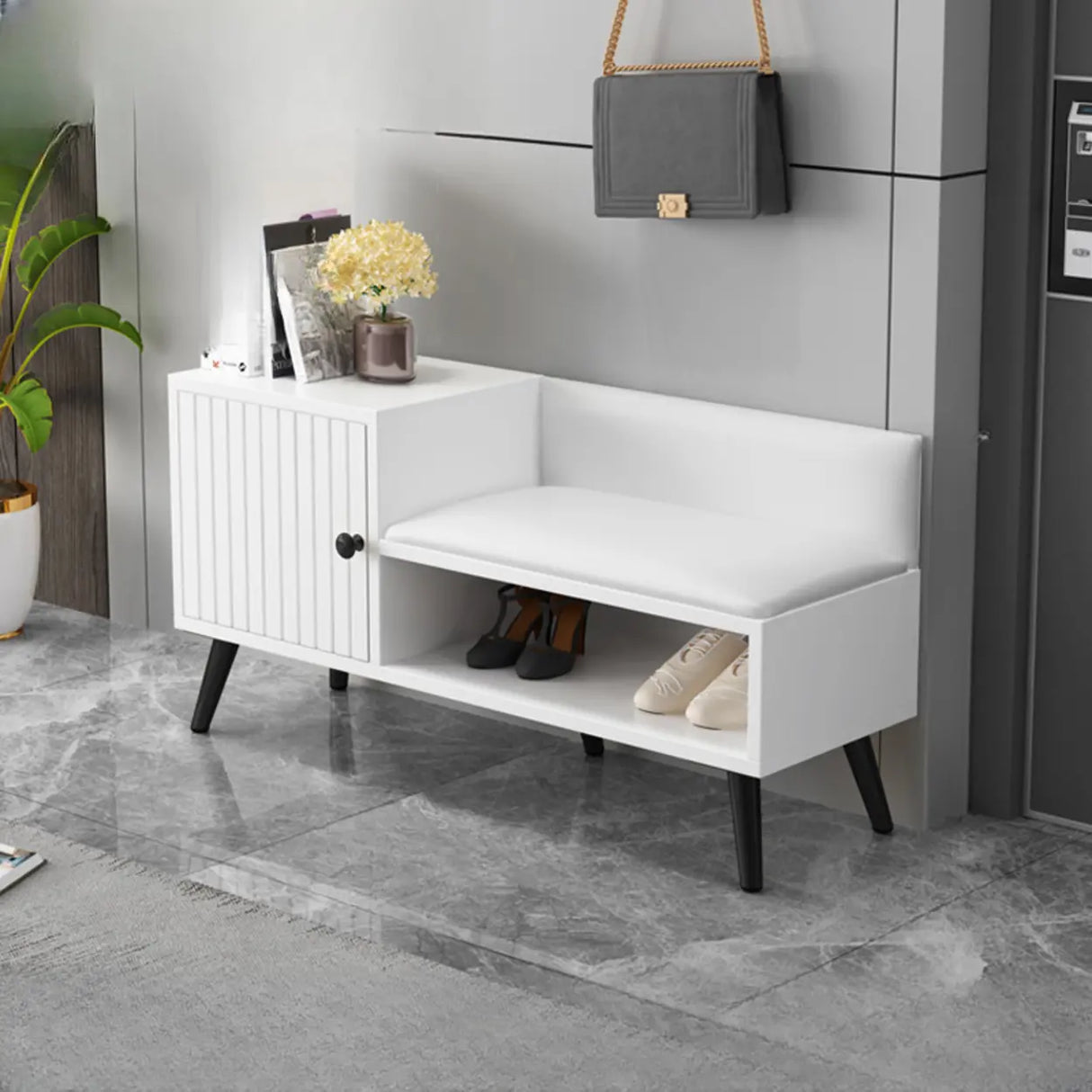 Modern Bench Shoe Storage Wood Entry Gray Cabinet Image - 2