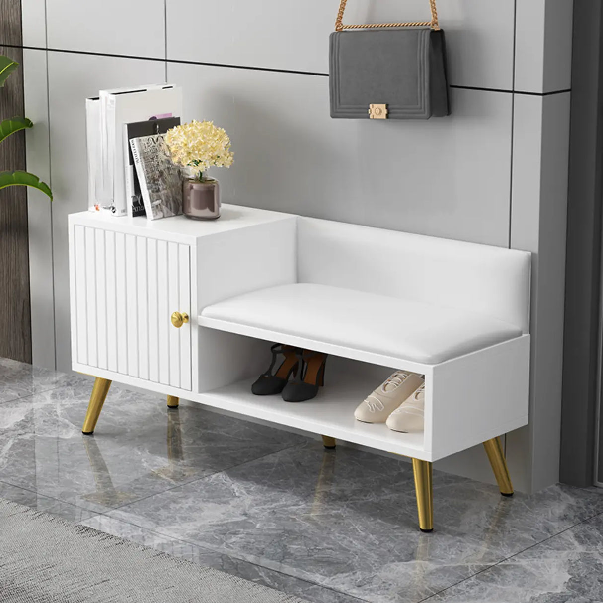 Modern Bench Shoe Storage Wood Entry Gray Cabinet Image - 3