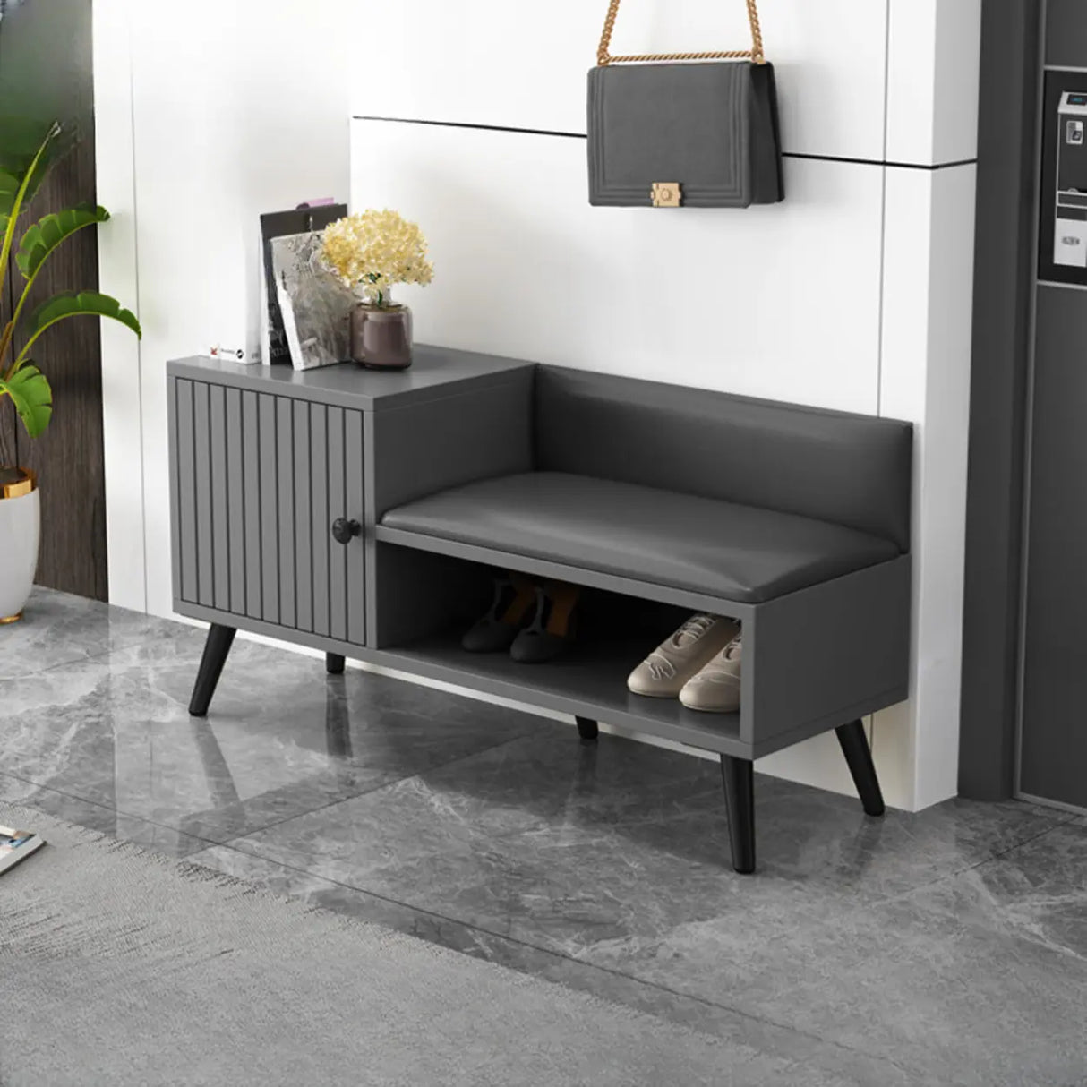 Modern Bench Shoe Storage Wood Entry Gray Cabinet Image - 4