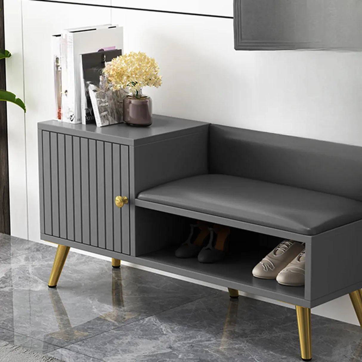 Modern Bench Shoe Storage Wood Entry Gray Cabinet Image - 6