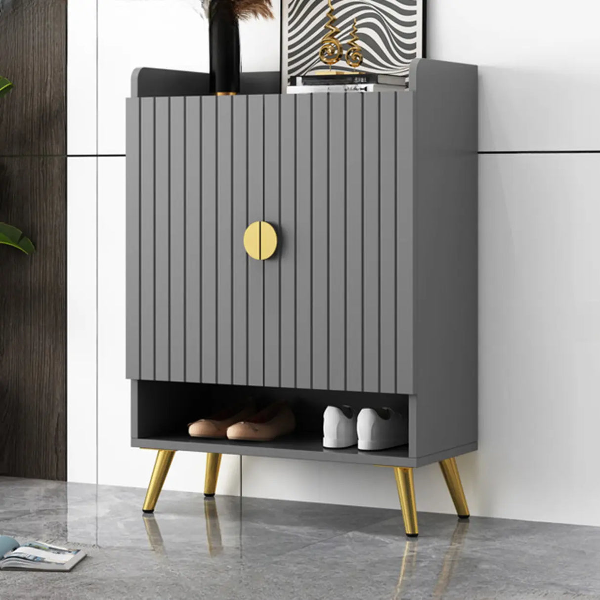 Modern Bench Shoe Storage Wood Entry Gray Cabinet Image - 7