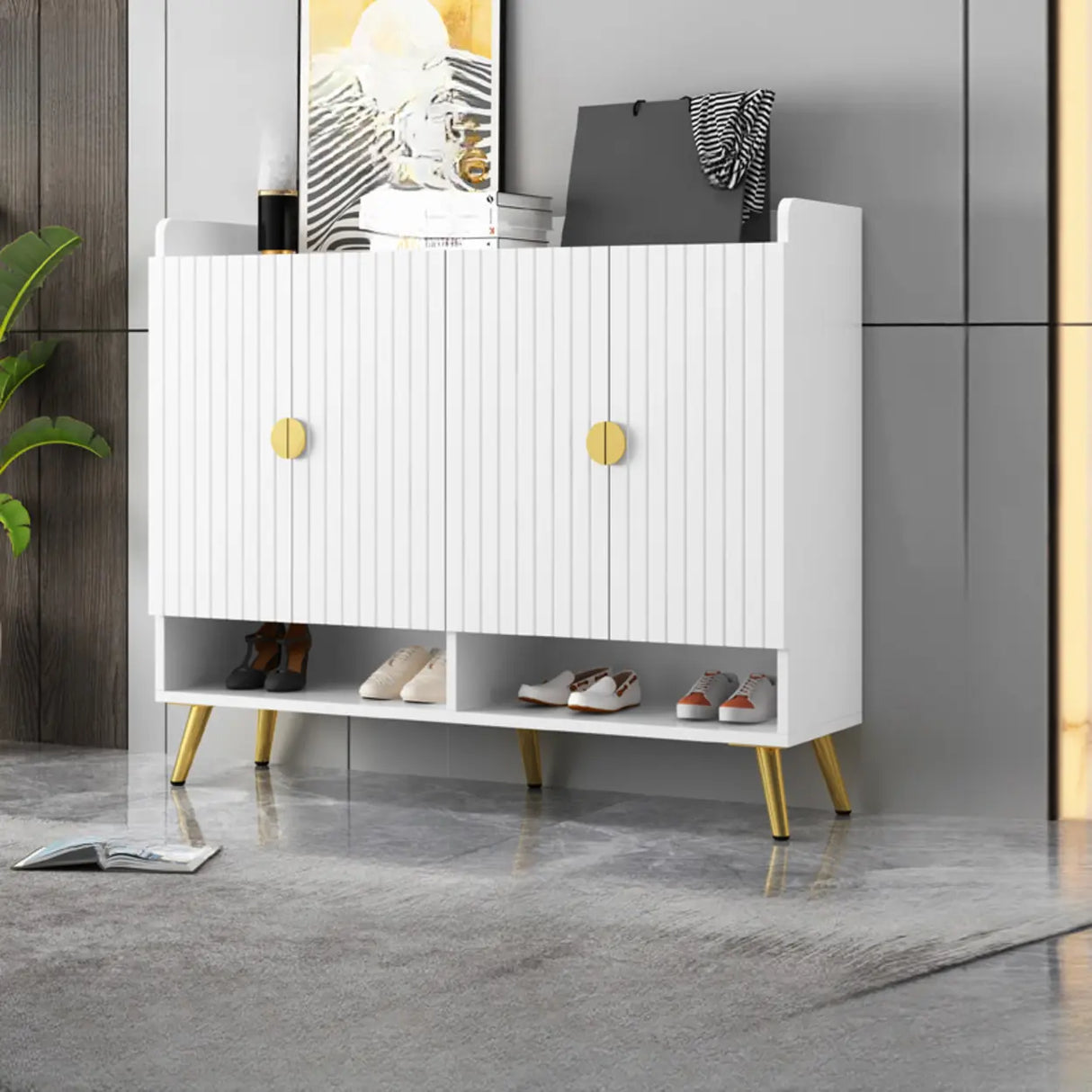Modern Bench Shoe Storage Wood Entry Gray Cabinet Image - 9