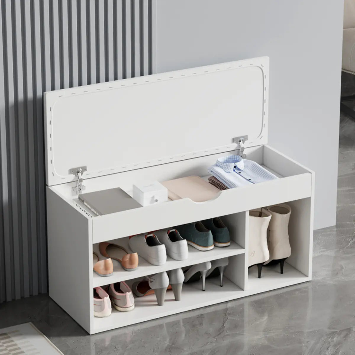Modern Bench White Wood Entry Shoe Storage Organizer Image - 4