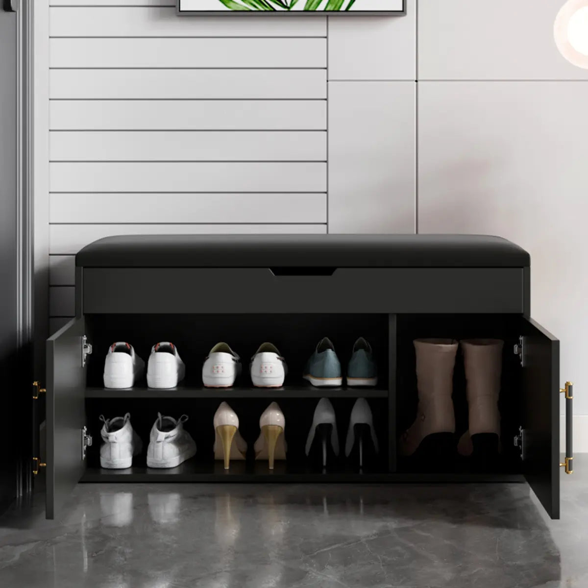 Modern Bench White Wood Entry Shoe Storage Organizer Image - 7