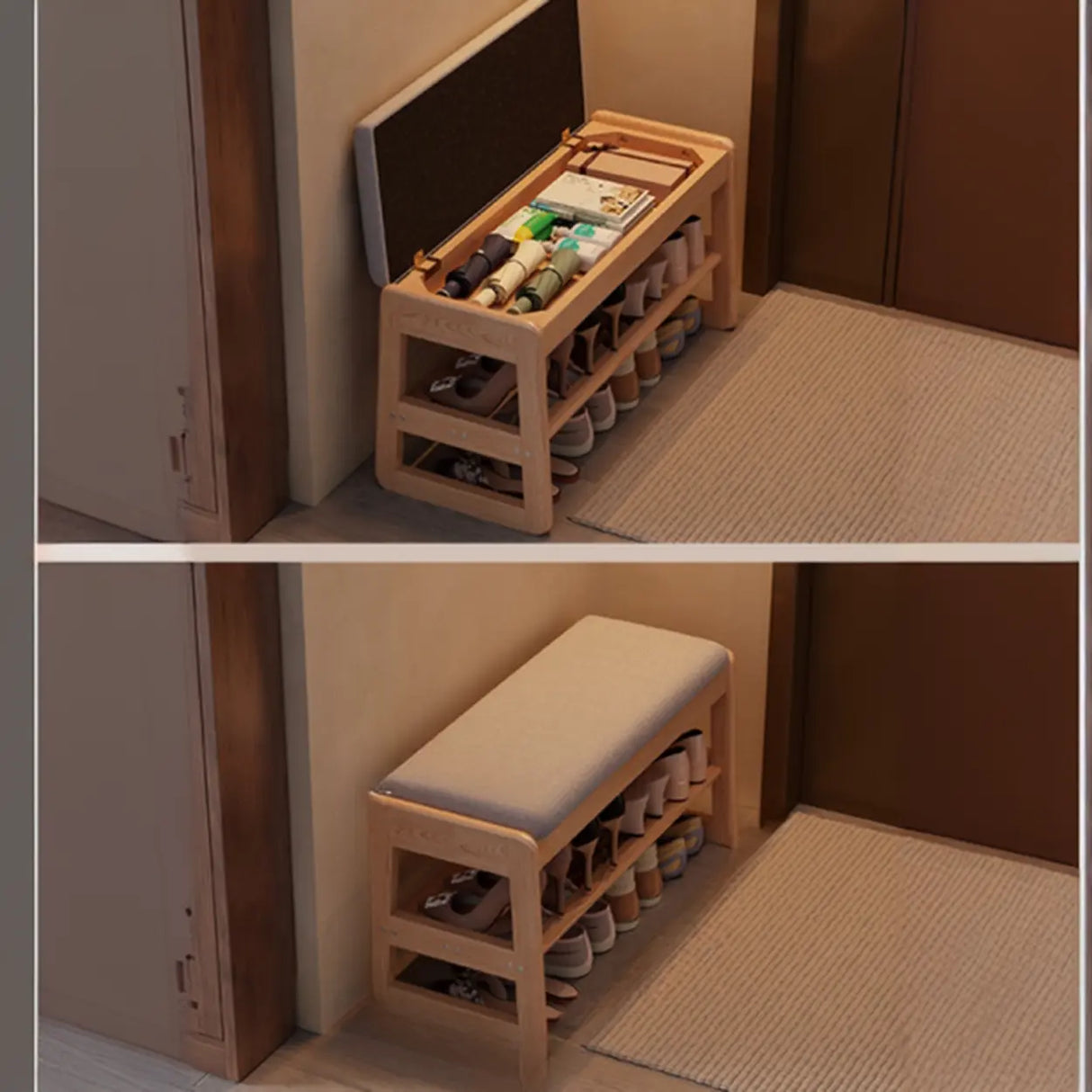 Modern Bench Wood Entryway Brown 2-Tier Shoe Storage Image - 12