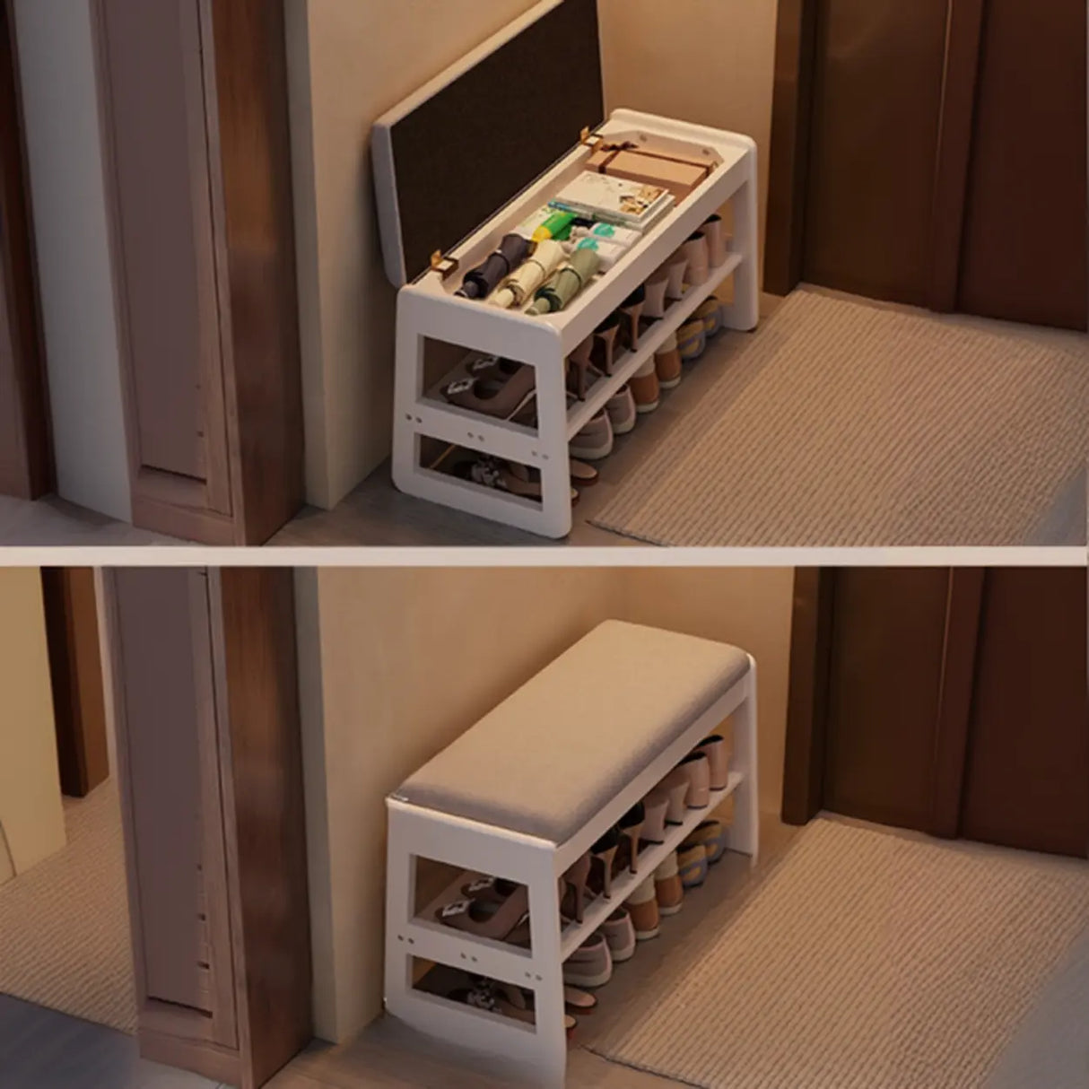 Modern Bench Wood Entryway Brown 2-Tier Shoe Storage Image - 13